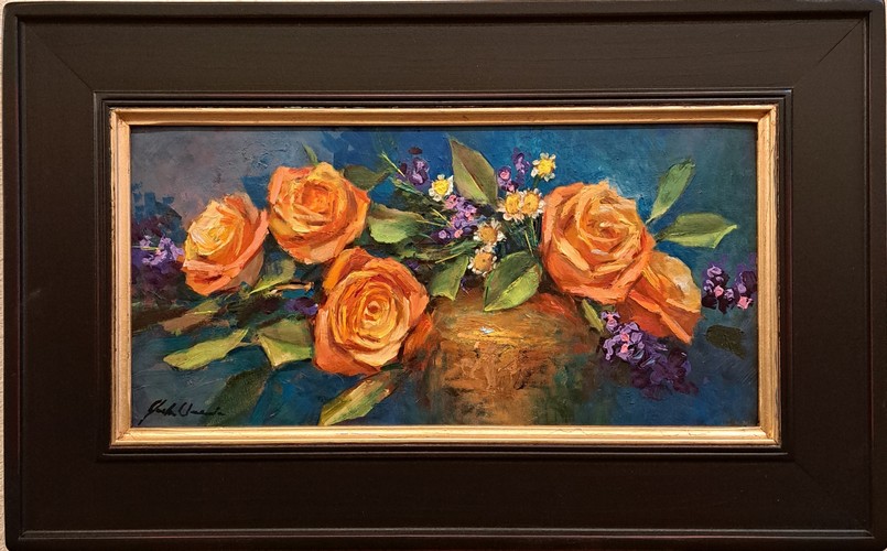 Click to view detail for Yellow-Orange Roses & Blue 8x16 $750